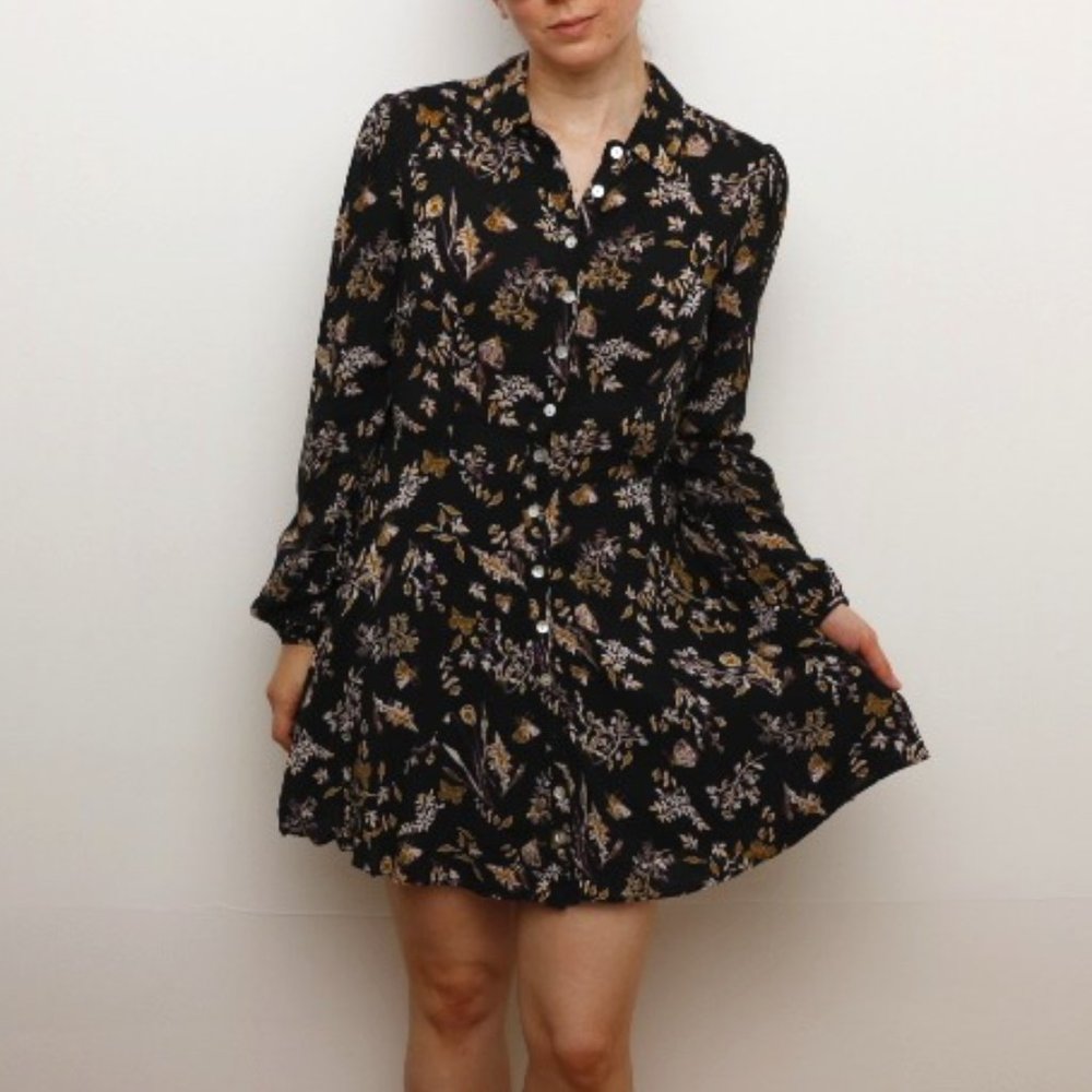Kimchi Blue Fit and Flare Botanical Long Sleeve Shirt Dress Size Small